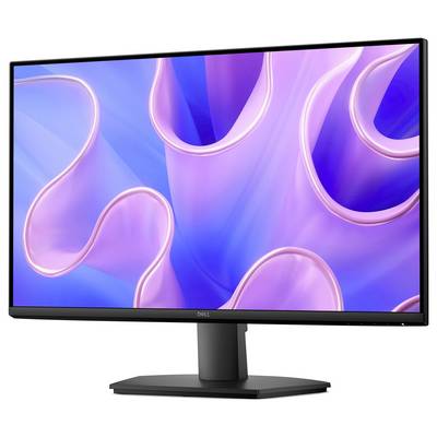 Ein Computermonitor zeigt einen abstrakten Bildschirmschoner mit wirbelnden rosa und blauen Mustern, mit einem schwarzen Ständer und dünnen Rahmen.
