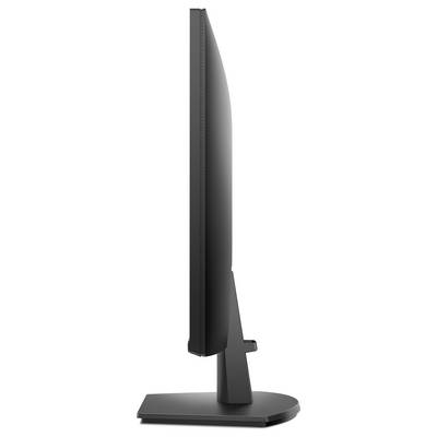 Seitenansicht eines schlanken, schwarzen Computermonitors auf einem rechteckigen Standfuß, der sein dünnes Profil und modernes Design hervorhebt.