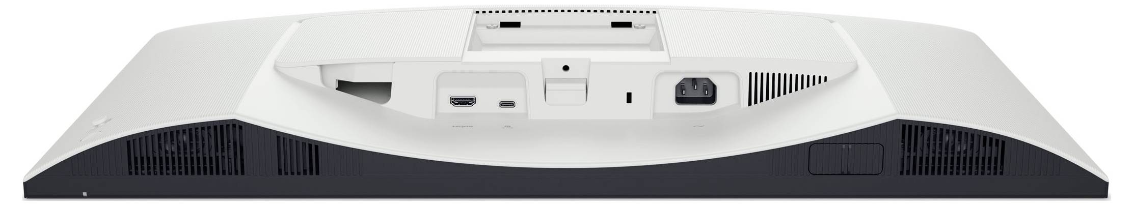 Rückansicht eines Computermonitors mit verschiedenen Anschlüssen und Verbindungsstellen, einschließlich HDMI, USB und Stromeingängen.