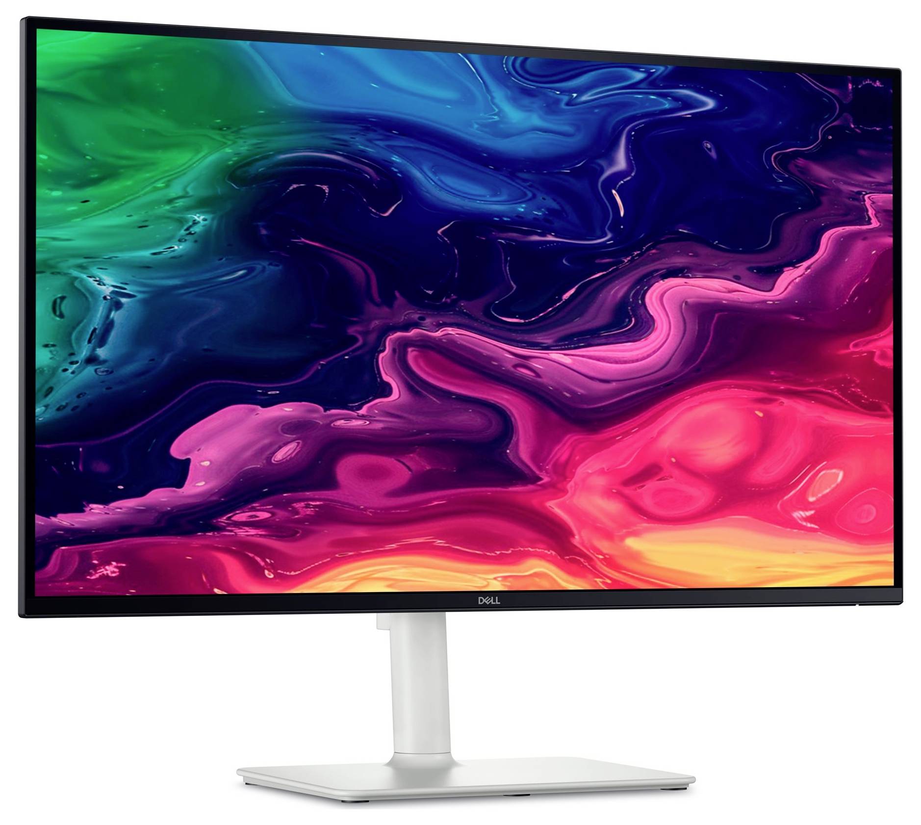 Dell-Monitor zeigt lebendige, mehrfarbige abstrakte digitale Kunst mit wirbelnden Mustern und demonstriert die Farbgenauigkeit und Klarheit des Bildschirms.