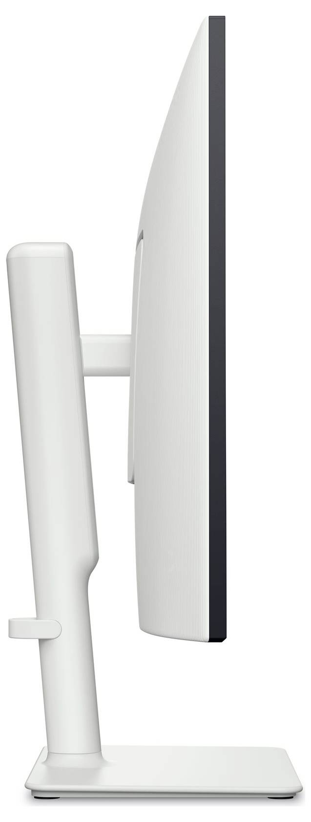 Seitenansicht eines schlanken, modernen Computermonitors mit einem eleganten Standfuß, der sein dünnes Profil und minimalistisches Design zur Schau stellt.