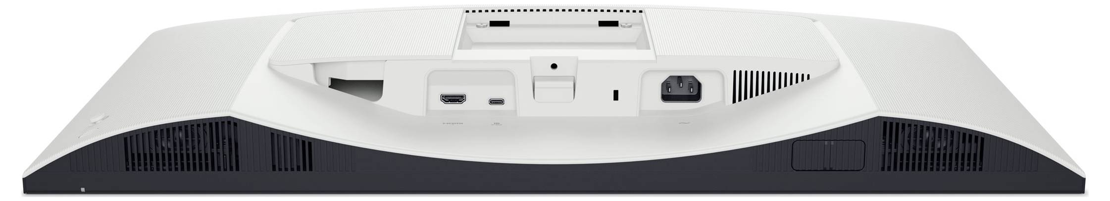 Rückansicht eines Computermonitors mit verschiedenen Anschlüssen, einschließlich HDMI, VGA und Stromeingang, mit Lüftungsschlitzen auf beiden Seiten.