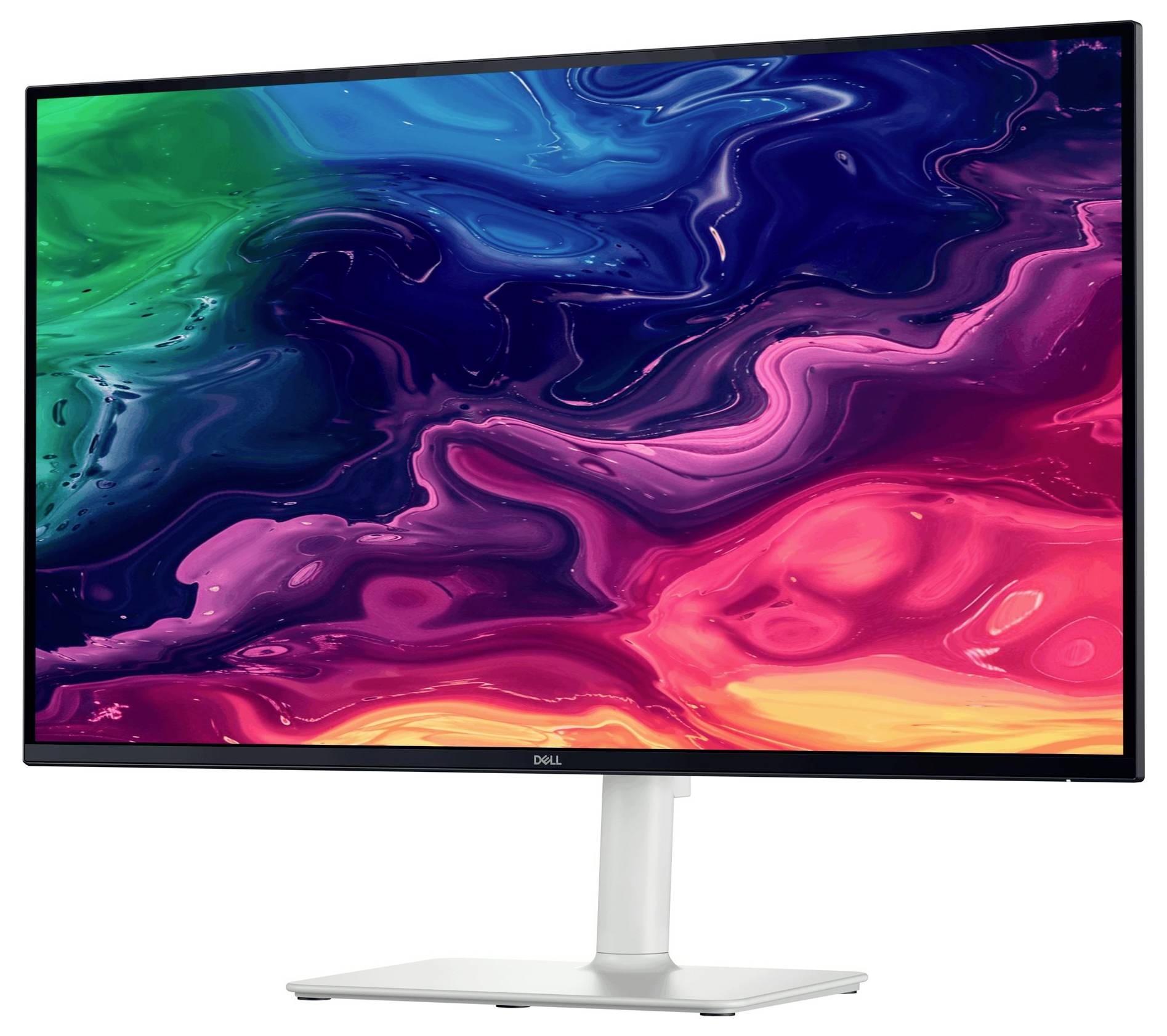 Ein weißer breitbildschirmiger Dell-Monitor von hinten, der seinen Ständer und sein schlankes Design zeigt.