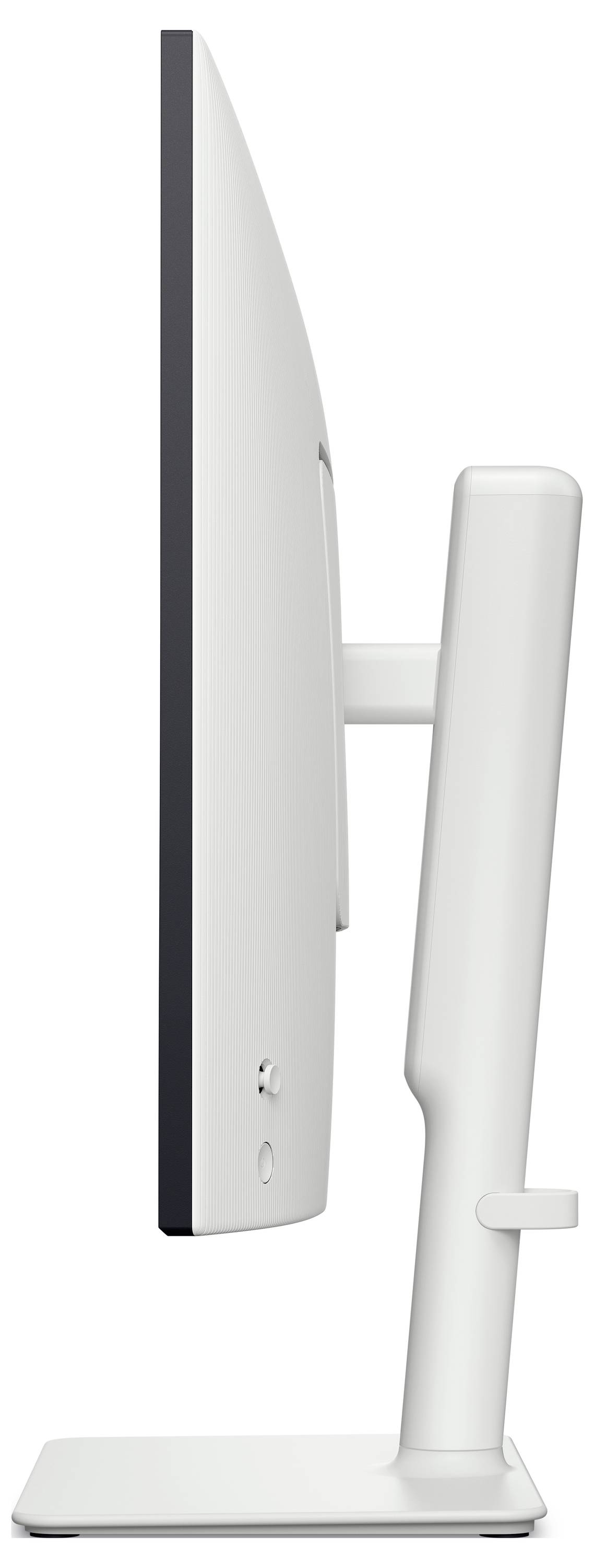 Seitenansicht eines dünnen, modernen Computermonitors mit elegantem Standfuß.