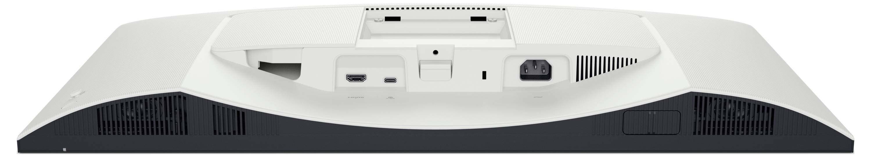 Die Rückansicht eines weißen Computermonitors mit verschiedenen Anschlüssen und Lüftungsgittern.