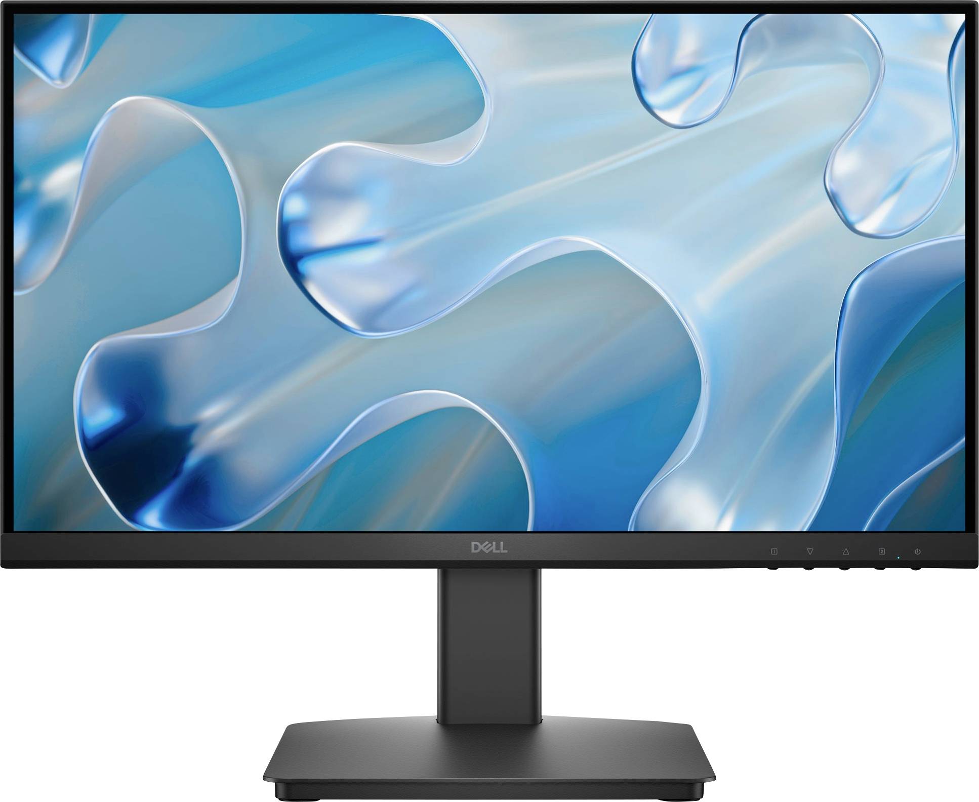 Ein schwarzer Dell-Monitor mit einem abstrakten blau- und silbernen Wellenmuster auf dem Bildschirm.