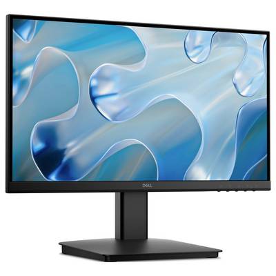 Ein Computermonitor, auf dem auf dem Bildschirm ein abstraktes blau-weißes Wellenmuster angezeigt wird, mit schwarzem Ständer und Rahmen.
