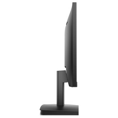 Seitenansicht eines modernen, schwarzen Flachbildschirms auf rechteckigem Ständer, der sein schlankes Profil und minimalistisches Design zeigt.