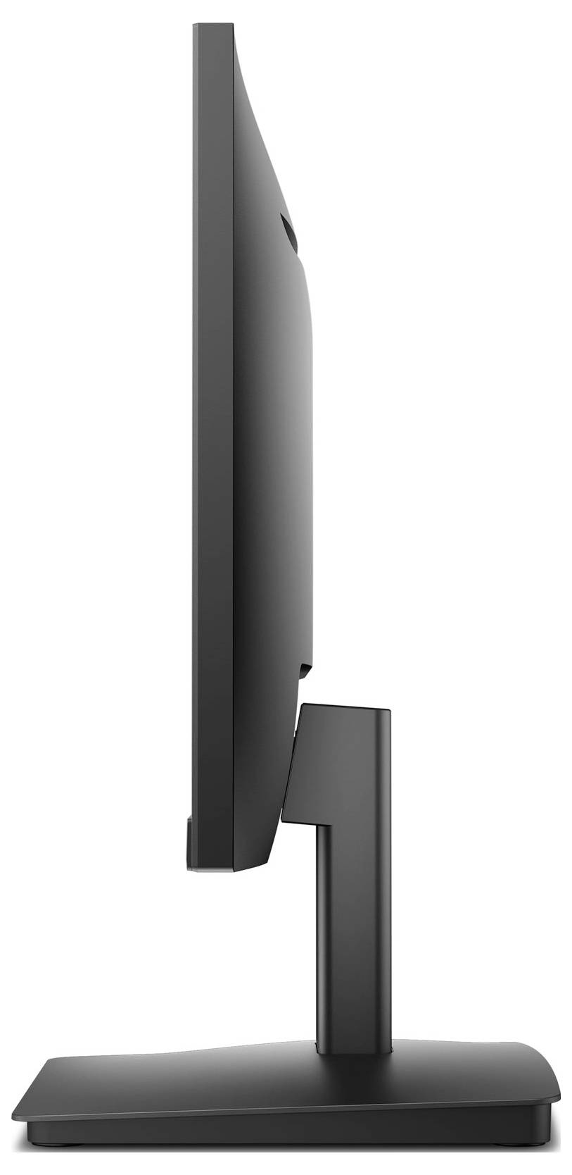 „Seitenansicht eines dünnen Computermonitors mit elegantem schwarzem Ständer auf flacher Basis."