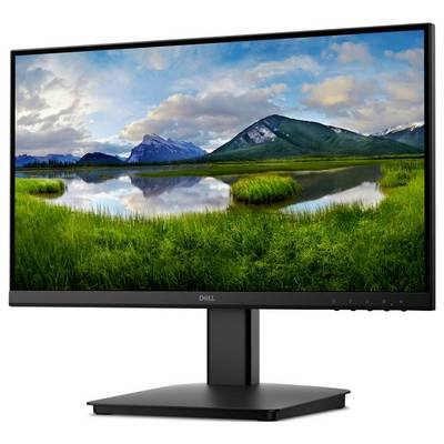 Ein Computermonitor zeigt eine ruhige Landschaft mit Bergen und einem See, der den bewölkten blauen Himmel widerspiegelt.