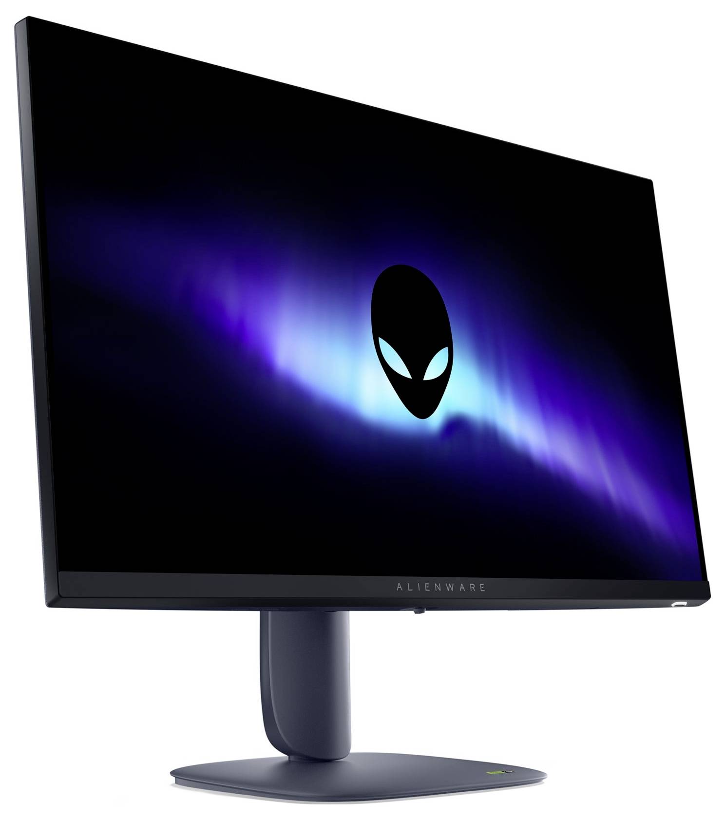 Computermonitor mit "Alienware"-Logo auf kosmischem Hintergrund, das Design und Markenidentität betont.