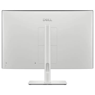 Ein weißer Dell-Computermonitor von hinten betrachtet, mit dem Ständer und dem Unternehmenslogo in der Mitte oben.