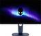 Alienware-Monitor mit leuchtendem Alien-Logo auf dem Display, vor einem blau und violett kosmischen Hintergrund, auf einem eleganten blauen Ständer.