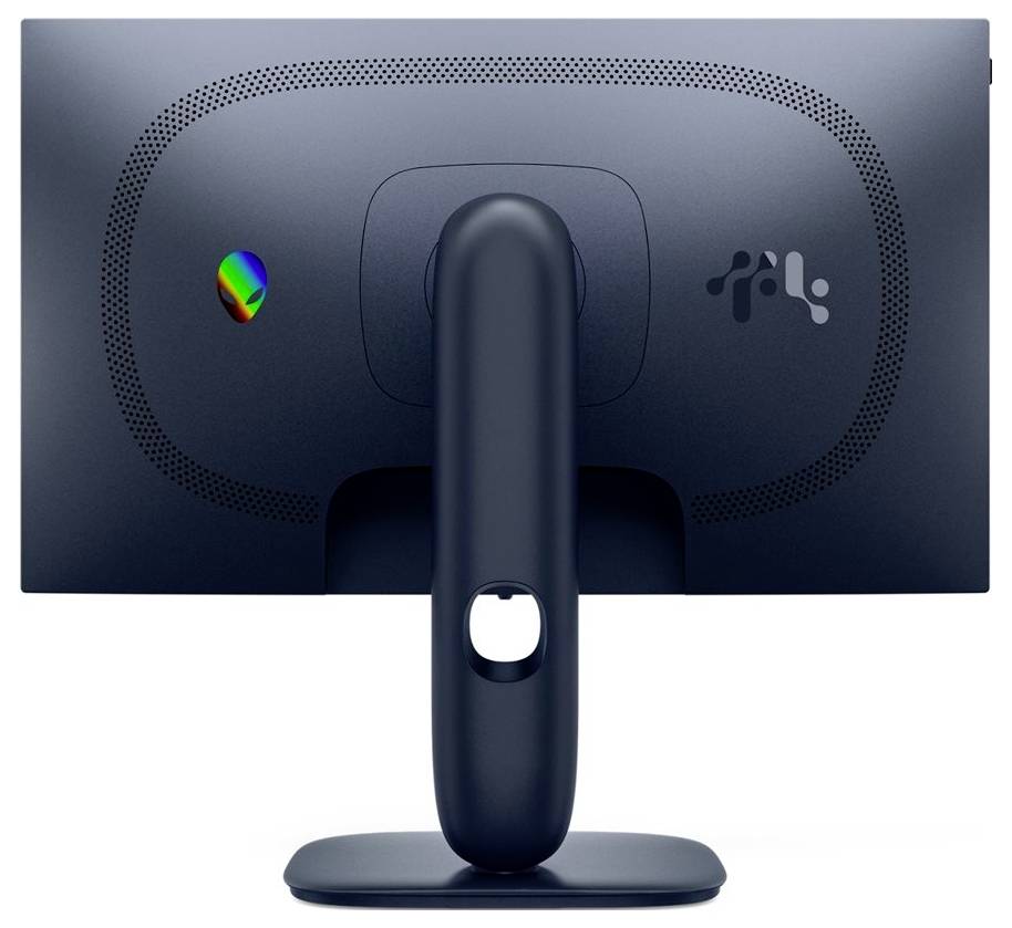 Ein von hinten betrachteter dunkler Monitor mit einem zentralen Ständer, Logo und farbigem Logo auf der linken Seite.