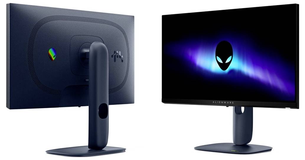 Zwei Ansichten eines Computermonitors. Die Vorderseite zeigt einen Bildschirm mit blauem und violettem Glühen und einem Alien-Logo. Die Rückseite hat eine strukturierte Oberfläche und ein leuchtendes Logo.