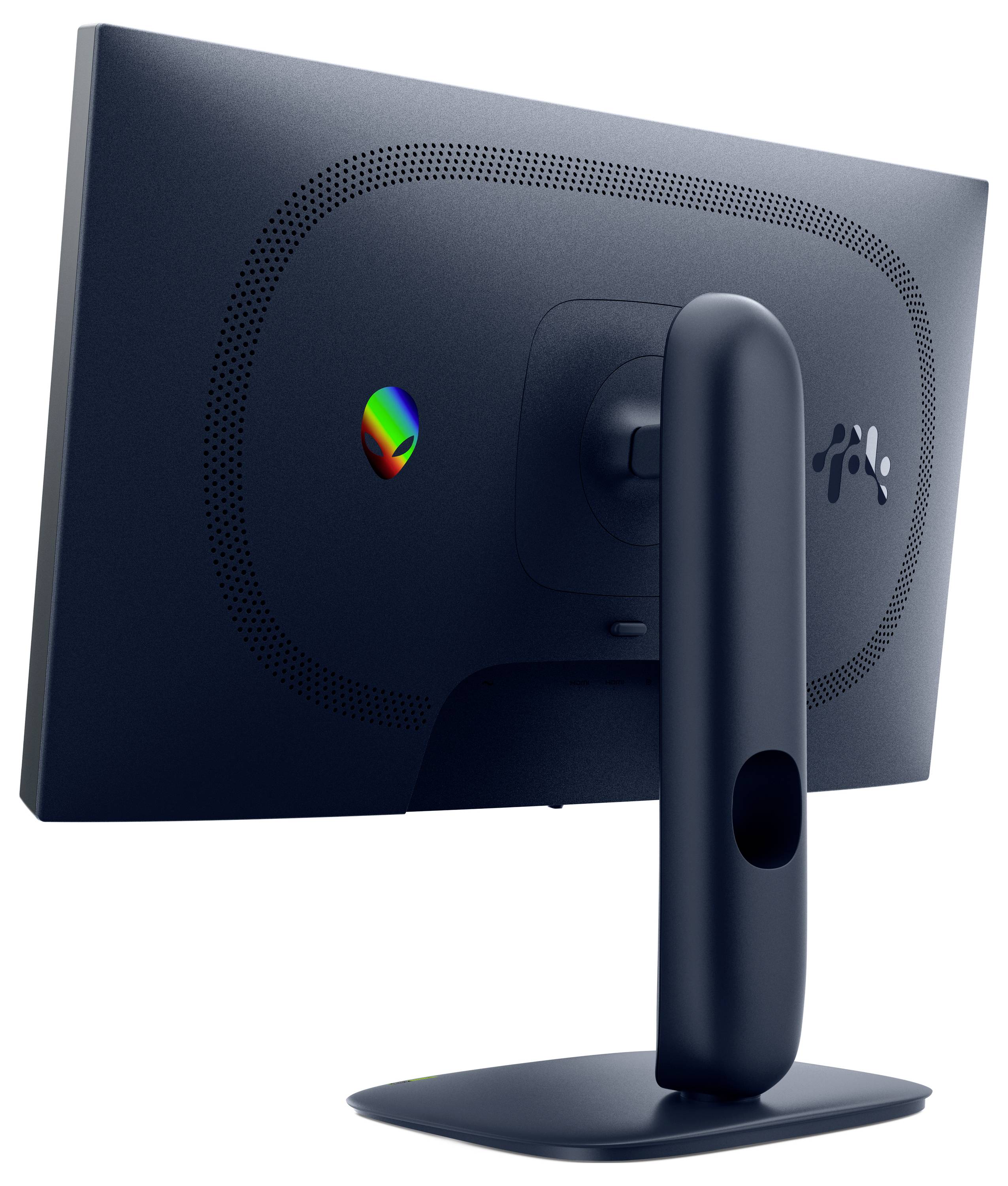 „Ein eleganter, moderner Computermonitor von hinten betrachtet, der sein dünnes Profil und seinen gebogenen Ständer zeigt."