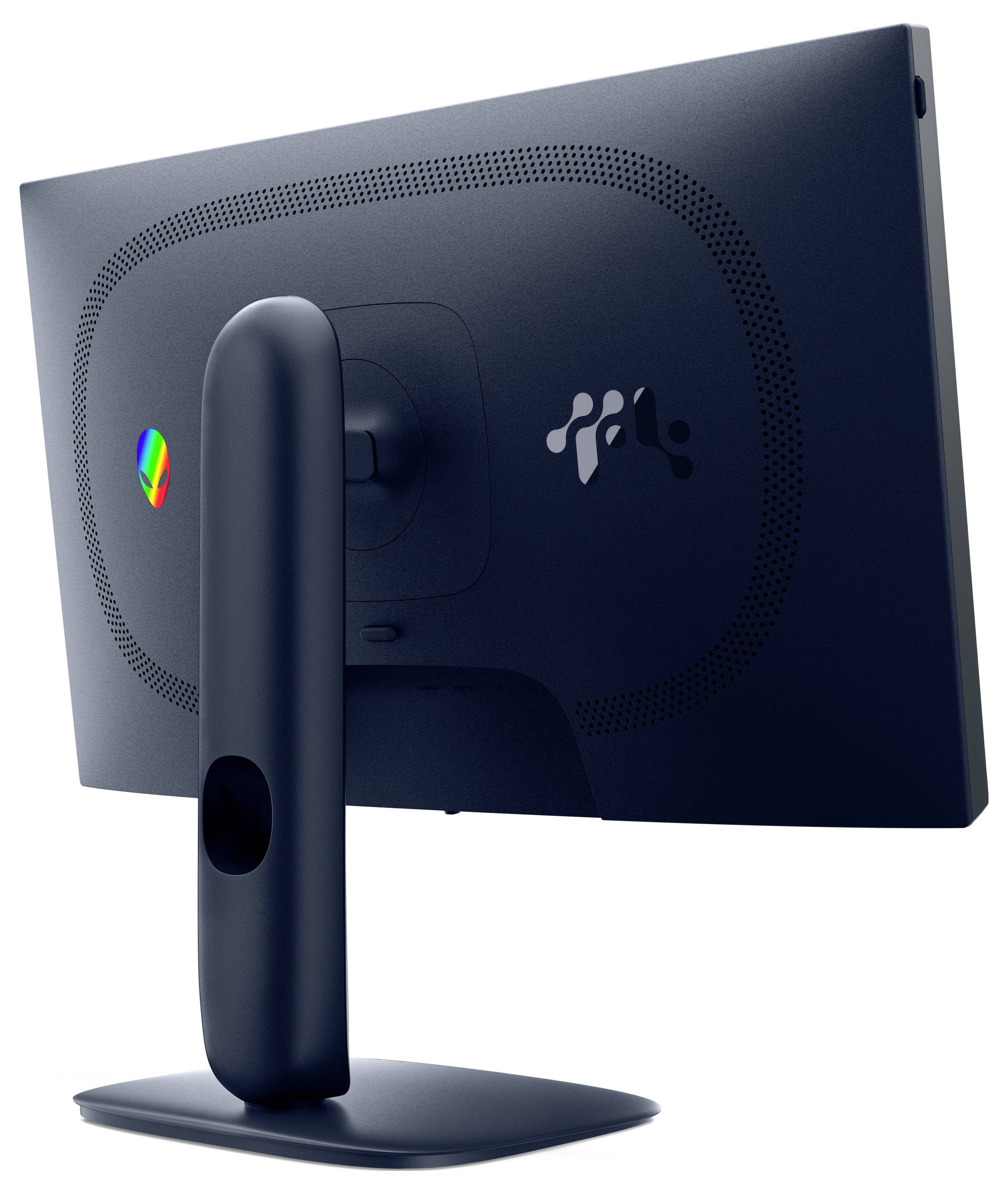 Ein schlanker, moderner Computermonitor von hinten, der seinen gebogenen Ständer und das minimalistische Design hervorhebt.