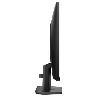 Seitenansicht eines dünnen Computermonitors auf einem Ständer, die sein elegantes Design und den minimalen Rahmen zeigt.