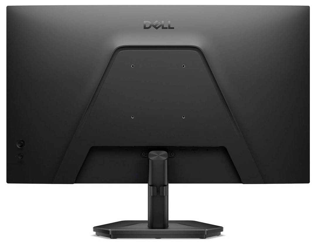 Ein schwarzer Dell-Computermonitor von hinten fotografiert, das Gestell und das erhobene Logo zeigend.
