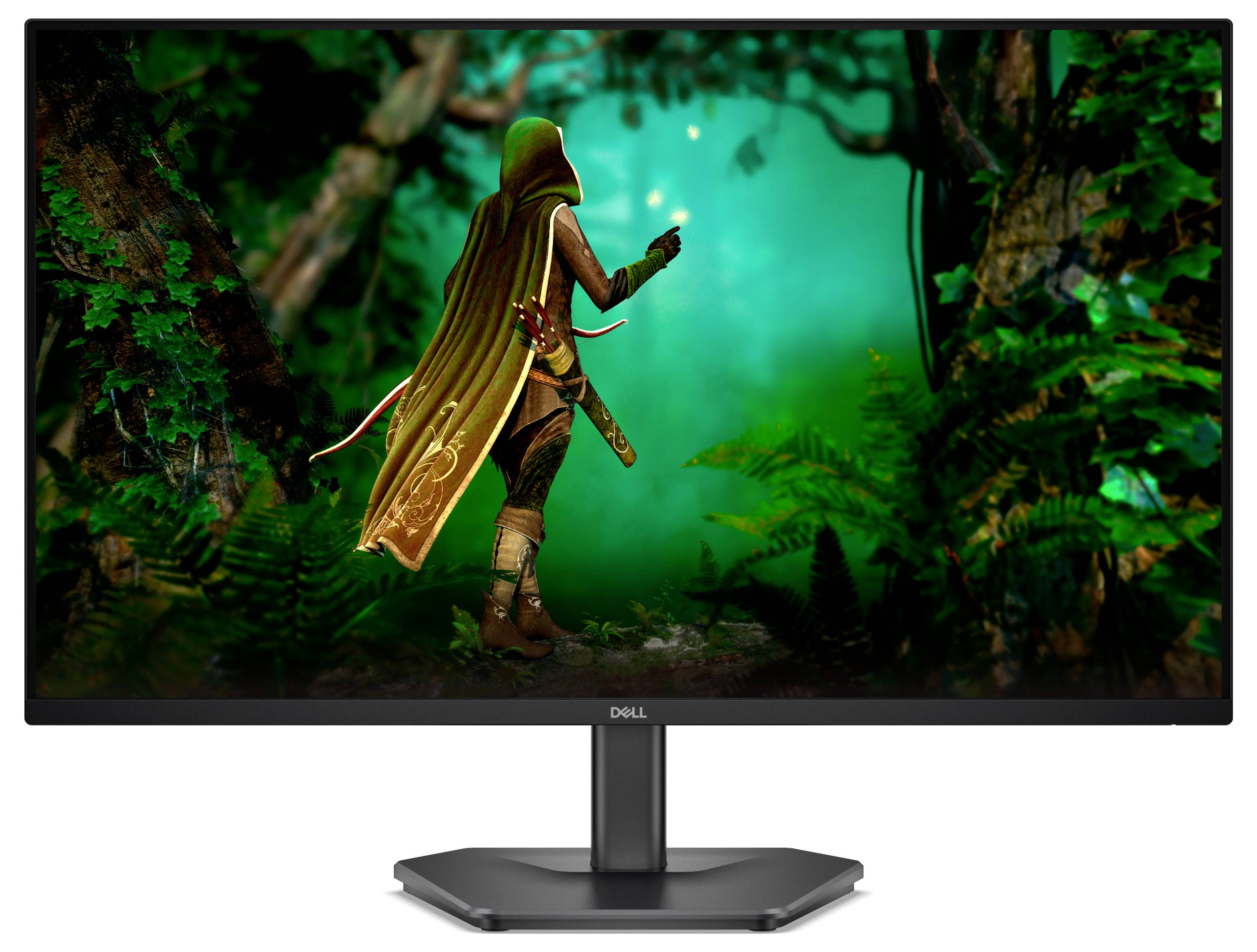 Eine Fantasieszene, die auf einem Dell-Monitor angezeigt wird, zeigt eine elfenähnliche Figur, die ein leuchtendes Objekt hält und durch einen üppigen, mystischen Wald navigiert.