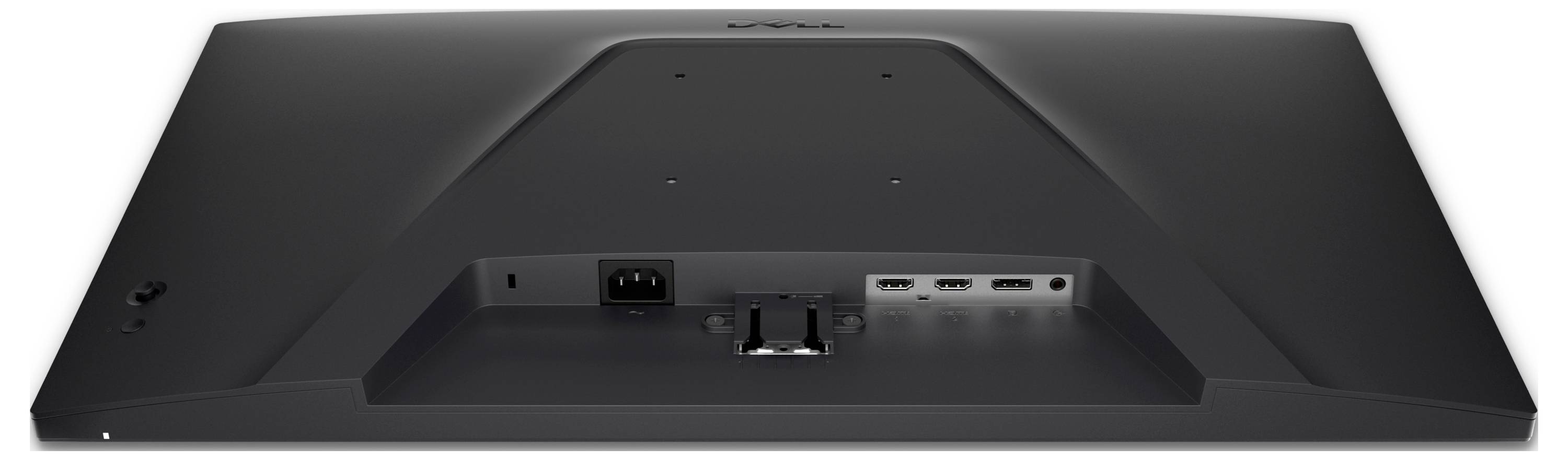 Eine Draufsicht auf einen eleganten, geschwungenen Computermonitor, auf dem Logos, Anschlüsse und Tasten angezeigt werden, wobei das Design und die Konnektivitätsmerkmale hervorgehoben werden.