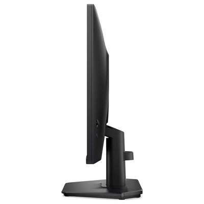 Ein schlanker, schwarzer Computermonitor von der Seite betrachtet, der sein elegantes Design und seinen stabilen Ständer zeigt und sich für moderne Arbeitsumgebungen eignet.