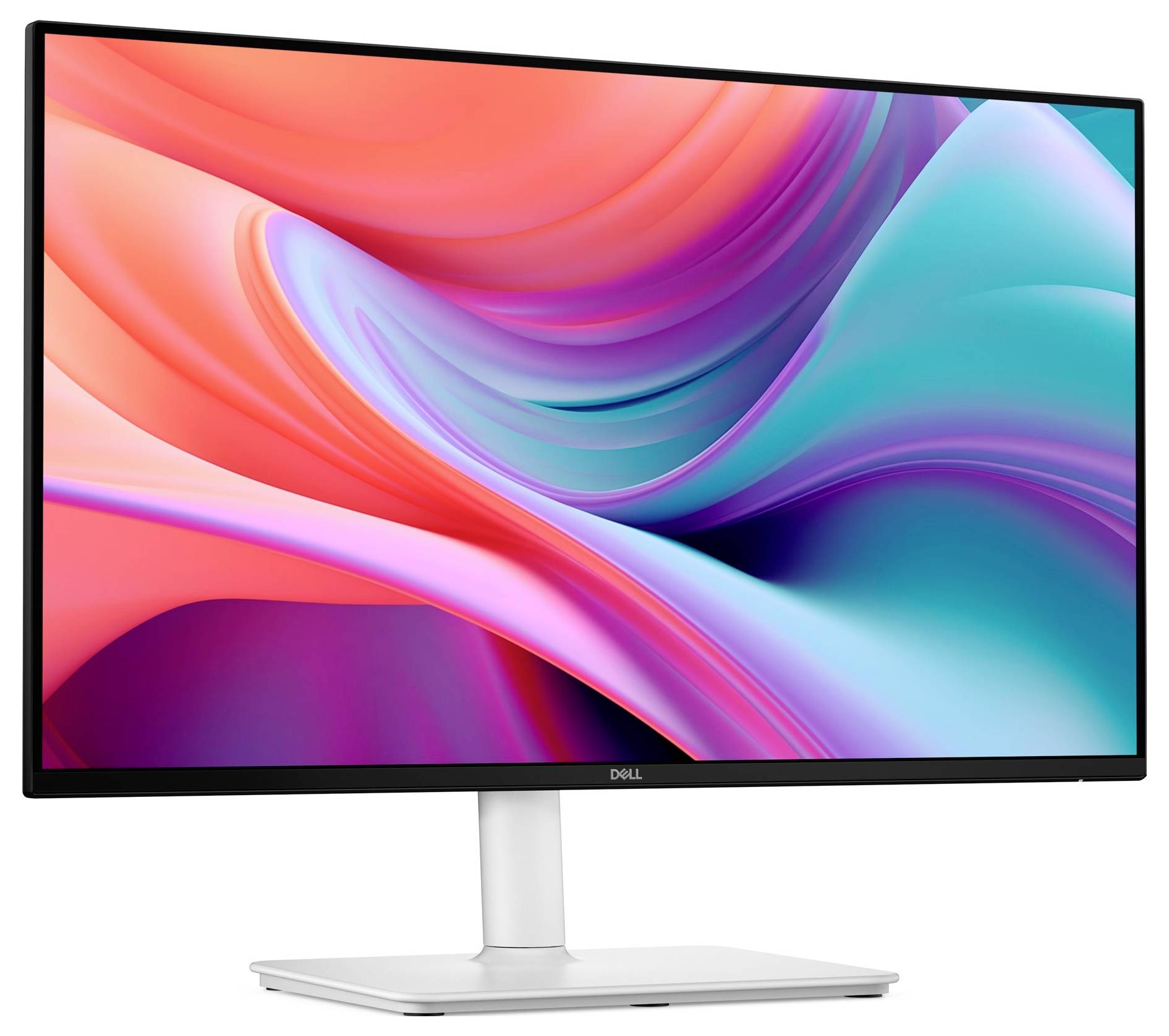 Ein Dell-Monitor, der auf seinem Bildschirm bunte abstrakte Wellen in Tönen von Rosa, Lila und Blau anzeigt und auf einem weißen Ständer steht.
