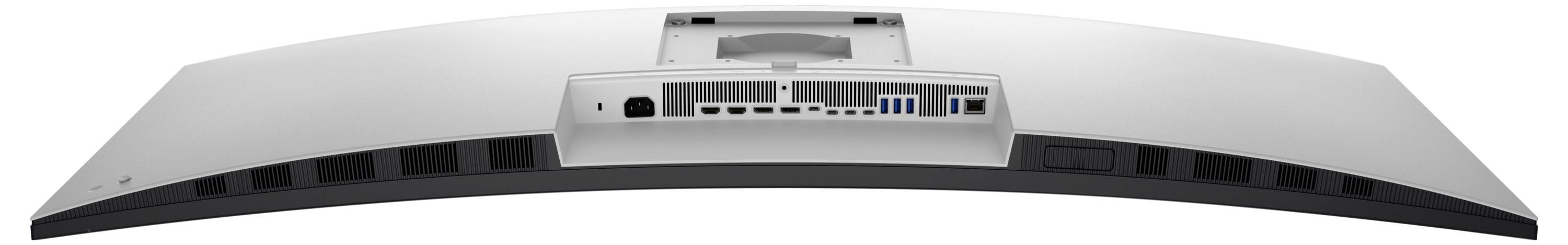 Ein gekrümmter Monitor in der Rückansicht, der verschiedene Anschlüsse zeigt, darunter HDMI, USB und Stromversorgung, mit Lüftungsgittern darunter.
