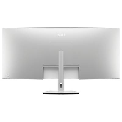 Ein silberner Dell-Computermonitor von hinten betrachtet, mit einem zentralen Ständer und einem sauberen, minimalistischen Design.