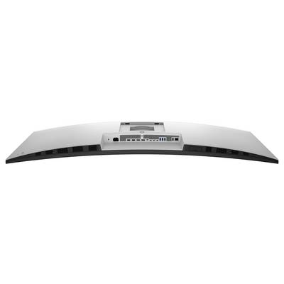 Gekrümmte Monitor-Rückansicht mit verschiedenen Anschlüssen, darunter HDMI, USB und Ethernet, sowie Belüftungsöffnungen entlang der unteren Kante.