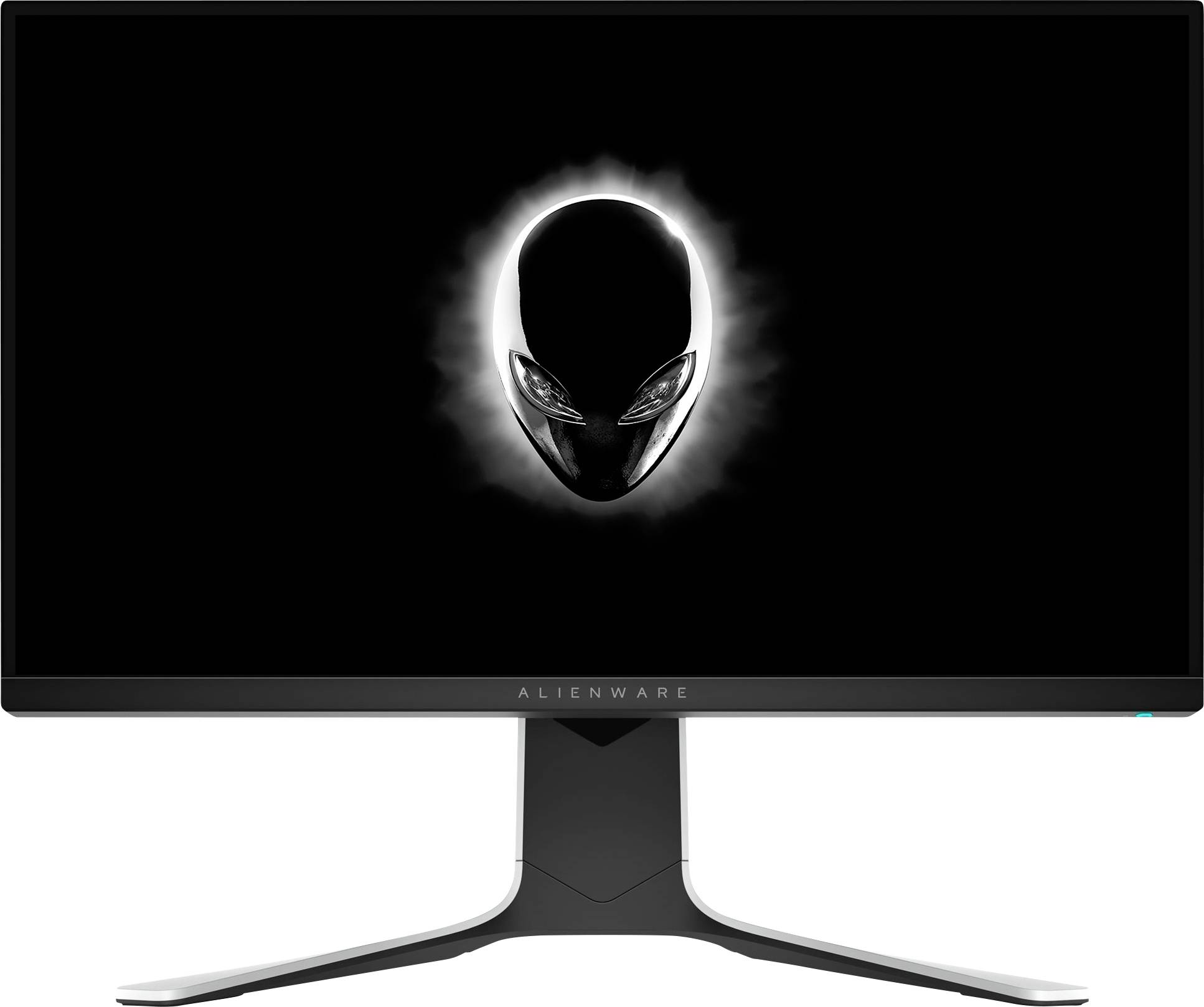 Alienware-Monitor mit einem leuchtenden Alien-Logo in der Bildschirmmitte, der auf einem schlanken, eckigen Ständer steht.