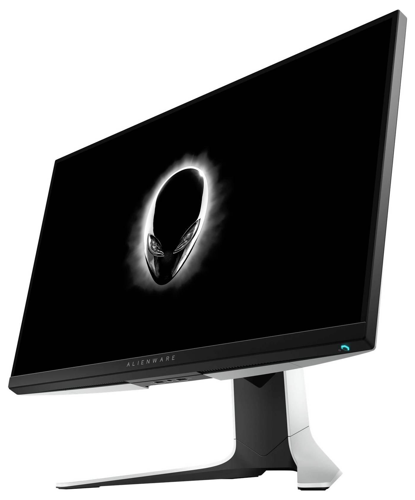 Eine Seitenansicht eines Monitors, der ein leuchtendes außerirdisches Gesicht auf dem Bildschirm anzeigt, auf einem stilisierten Ständer platziert mit dem Markennamen am unteren Rand.