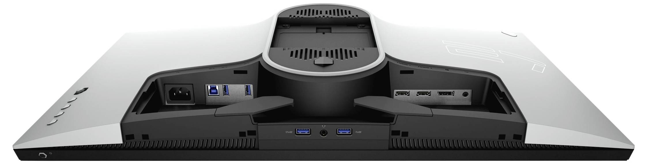 Rückansicht eines Computermonitors mit verschiedenen Anschlüssen, darunter Stromeingang, USB-Anschlüsse und HDMI, entwickelt für Konnektivität und Kabelmanagement.