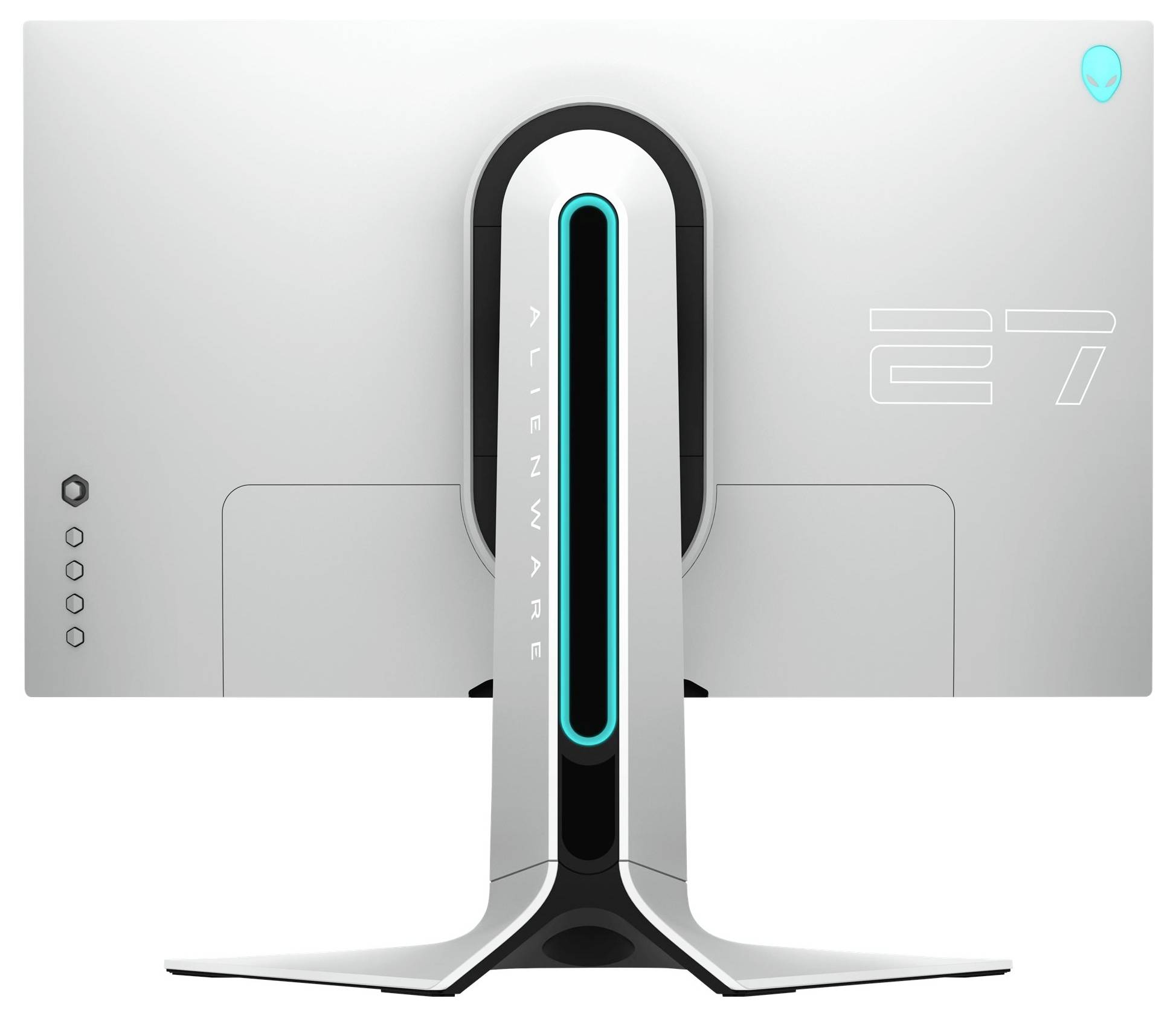 Rückansicht eines weißen Alienware-Monitors mit vertikaelem LED-Lichtstreifen und sichtbarem Branding.