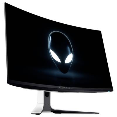 Ein gekrümmter Alienware-Gaming-Monitor, auf dem ein beleuchtetes Alien-Kopf-Logo auf einem dunklen Bildschirm angezeigt wird.
