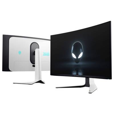 Doppelt gekrümmte Alienware-Monitore, Vorder- und Rückansicht. Die Vorderanzeige zeigt ein leuchtendes Alien-Logo auf einem dunklen Bildschirm; die Rückseite weist Branding auf.