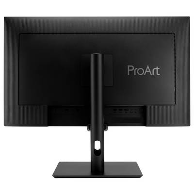 Ein schwarzer Computermonitor von hinten betrachtet, mit dem Wort „ProArt" in der oberen rechten Ecke angezeigt.
