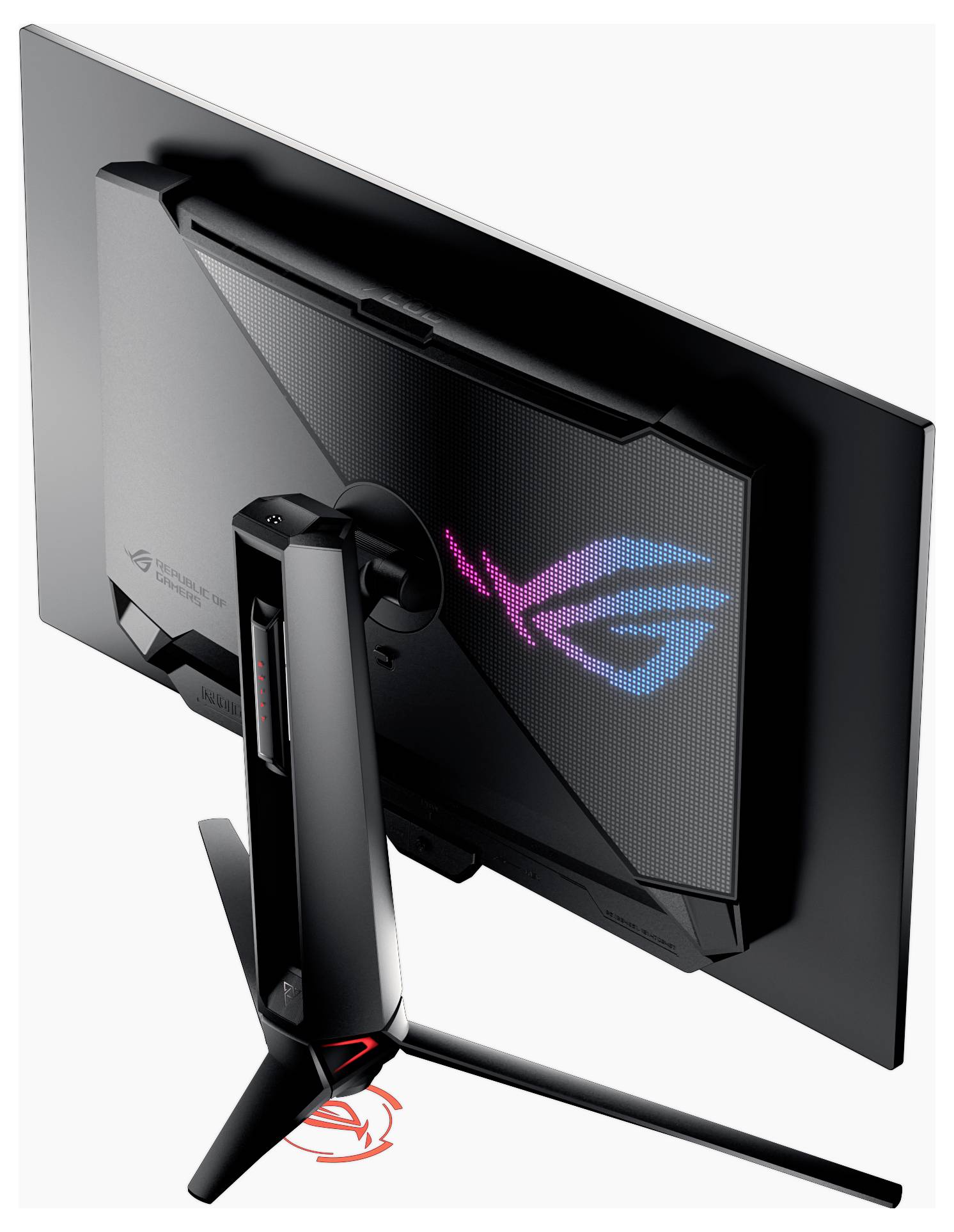 Ein Gaming-Monitor mit lebendigem Design, das das „ROG"-Logo und thematische Elemente in Pink- und Türkistönen aufweist.