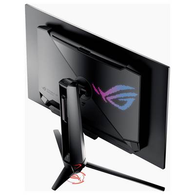 Ein Gaming-Monitor mit lebendigem Design, das das „ROG"-Logo und thematische Elemente in Pink- und Türkistönen aufweist.