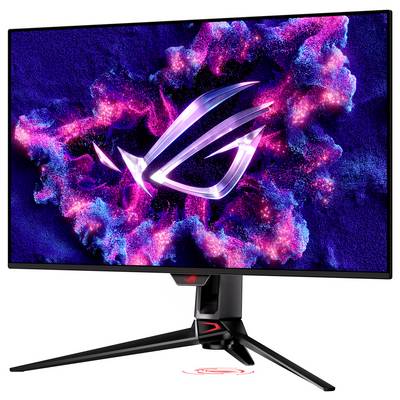 Ein Gaming-Monitor mit Ständer zeigt ein lebendiges Logo auf dem Bildschirm, mit bunten Grafiken und einem eleganten, modernen Design, das sich ideal für Gamer eignet.