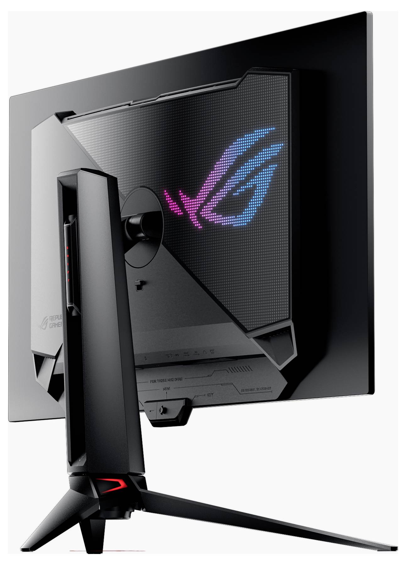 Rückansicht eines eleganten, schwarzen Gaming-Monitors mit lebendiger RGB-Beleuchtung und einem futuristischen Design auf dem Displaybereich.