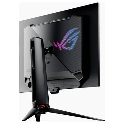 Rückansicht eines eleganten, schwarzen Gaming-Monitors mit lebendiger RGB-Beleuchtung und einem futuristischen Design auf dem Displaybereich.