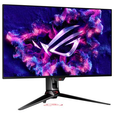 Ein Gaming-Monitor, der das ASUS ROG-Logo mit lebendigen rosa- und blauvioletten wolkenähnlichen Mustern anzeigt, auf einem schwarzen, eleganten Ständer montiert.