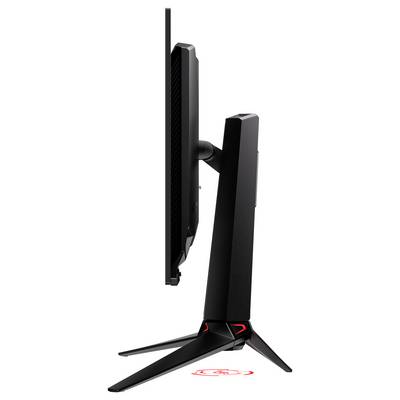 Ein schwarzer gebogener Gaming-Monitor, von hinten betrachtet, mit einem beleuchteten Logo in der oberen rechten Ecke.