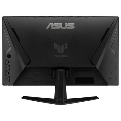 Ein schwarzer ASUS TUF Gaming Monitor wird von hinten gezeigt und zeigt einen Ständer und geometrische Design-Details mit dem ASUS-Logo oben.