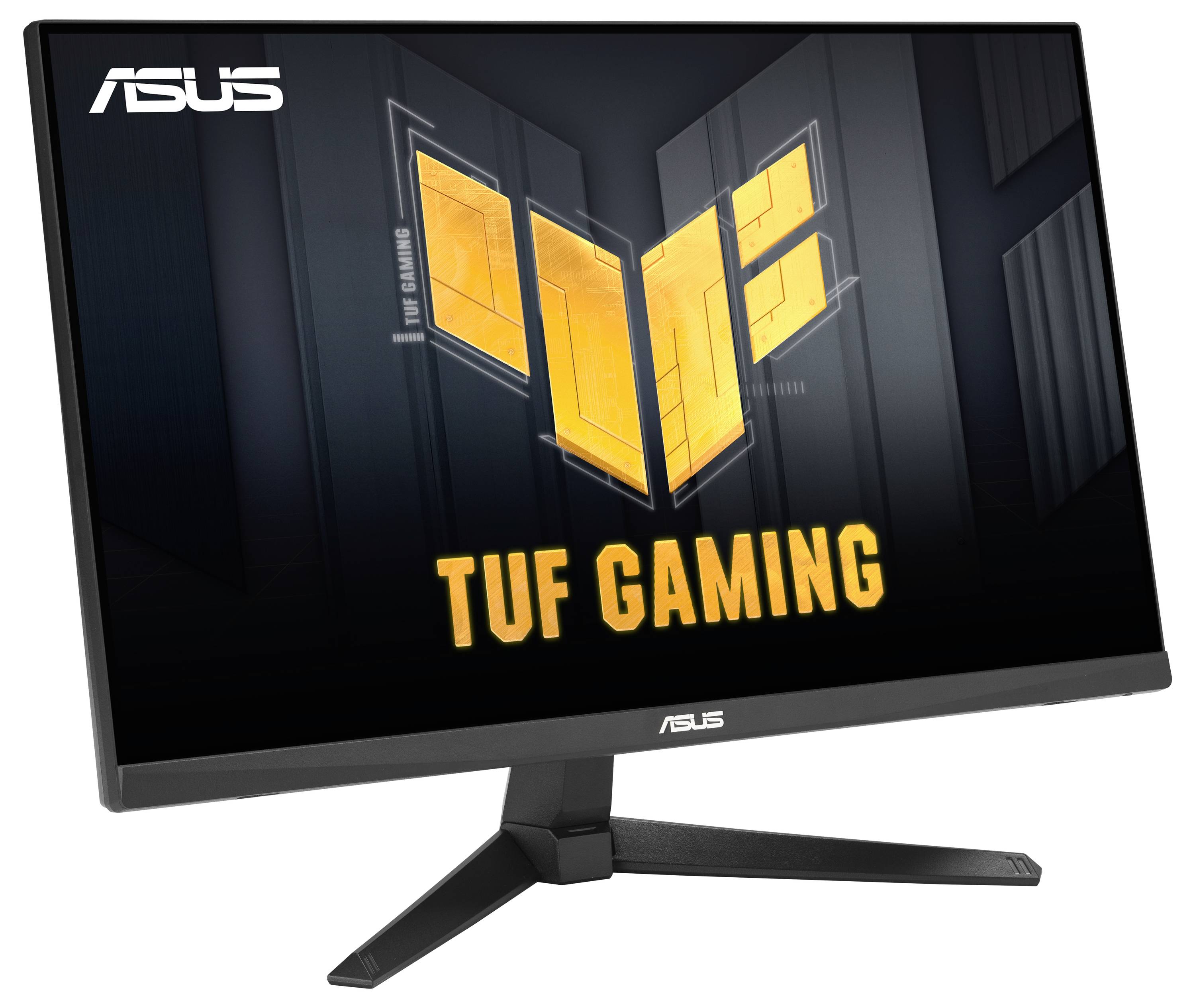 Ein Computermonitor zeigt eine Stadtsilhouette mit "ASUS Business Monitor" auf dem Bildschirm. Die Ansicht umfasst verschiedene Wolkenkratzer.