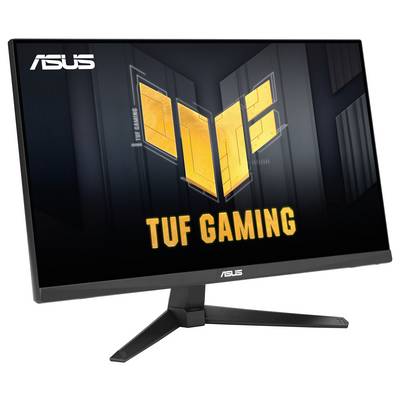 Ein Computermonitor zeigt eine Stadtsilhouette mit "ASUS Business Monitor" auf dem Bildschirm. Die Ansicht umfasst verschiedene Wolkenkratzer.