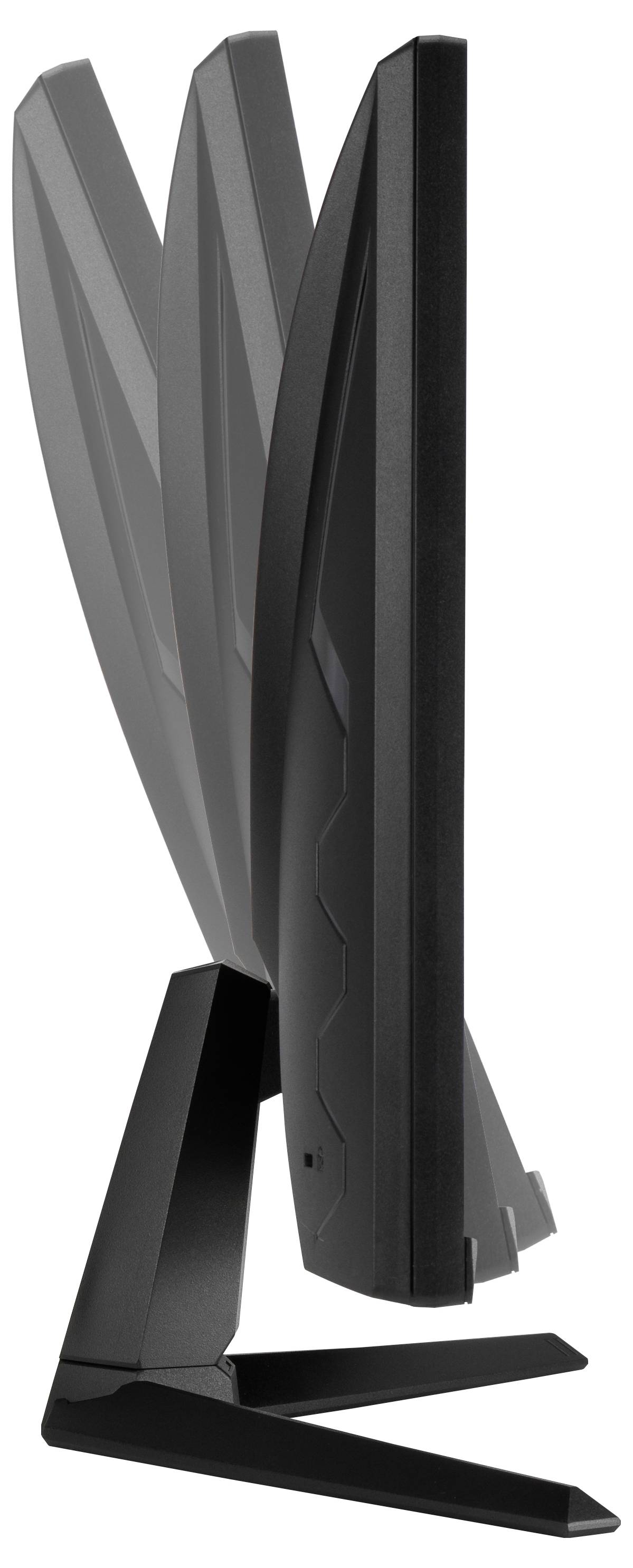 Ein schlanker schwarzer Computermonitor aus einer Seitenansicht, der sein verstellbares Neigungsfeature mit drei gewinkelte Positionen zeigt.