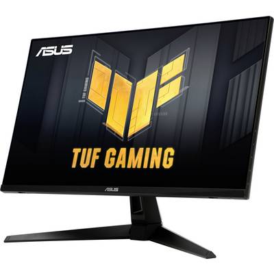 Ein Computerbildschirm, auf dem das Logo „TUF Gaming" mit fetten gelben Grafiken angezeigt wird, und der ASUS-Markenname in der oberen linken Ecke.
