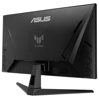 Rückansicht eines TUF Gaming ASUS-Monitors mit V-förmigem Standfuß, der eckige Designdetails und Branding zeigt.